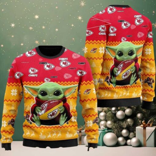 Kansas City Chiefs Team NFL With Baby Yoda Hug The Ball 2025 Knitted Ugly Christmas Sweater