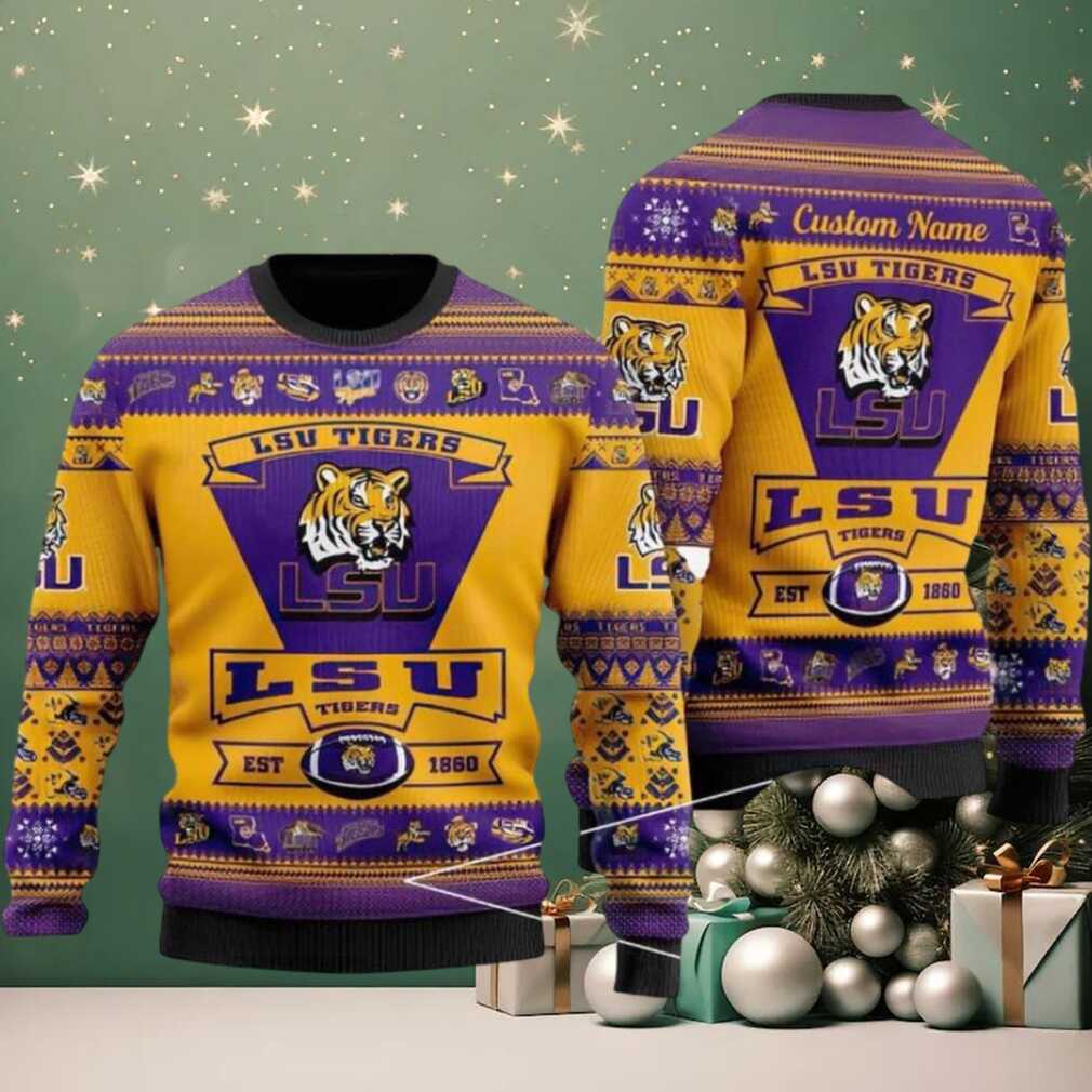 LSU Tigers Logo Custom Name For Football Fans NCAA Ugly Christmas Sweater LSU Tigers Logo Custom Name For Football Fans NCAA Ugly Christmas Sweater