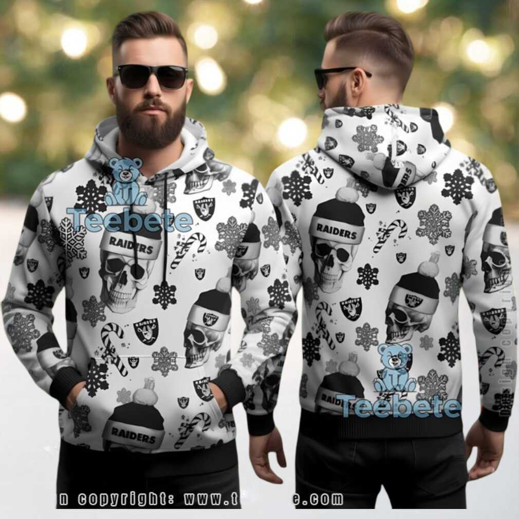 Las Vegas Raiders Skull Santa Hat Ugly Christmas 3D Hoodie White Las Vegas Raiders Skull Santa Hat Ugly Christmas 3D Hoodie White