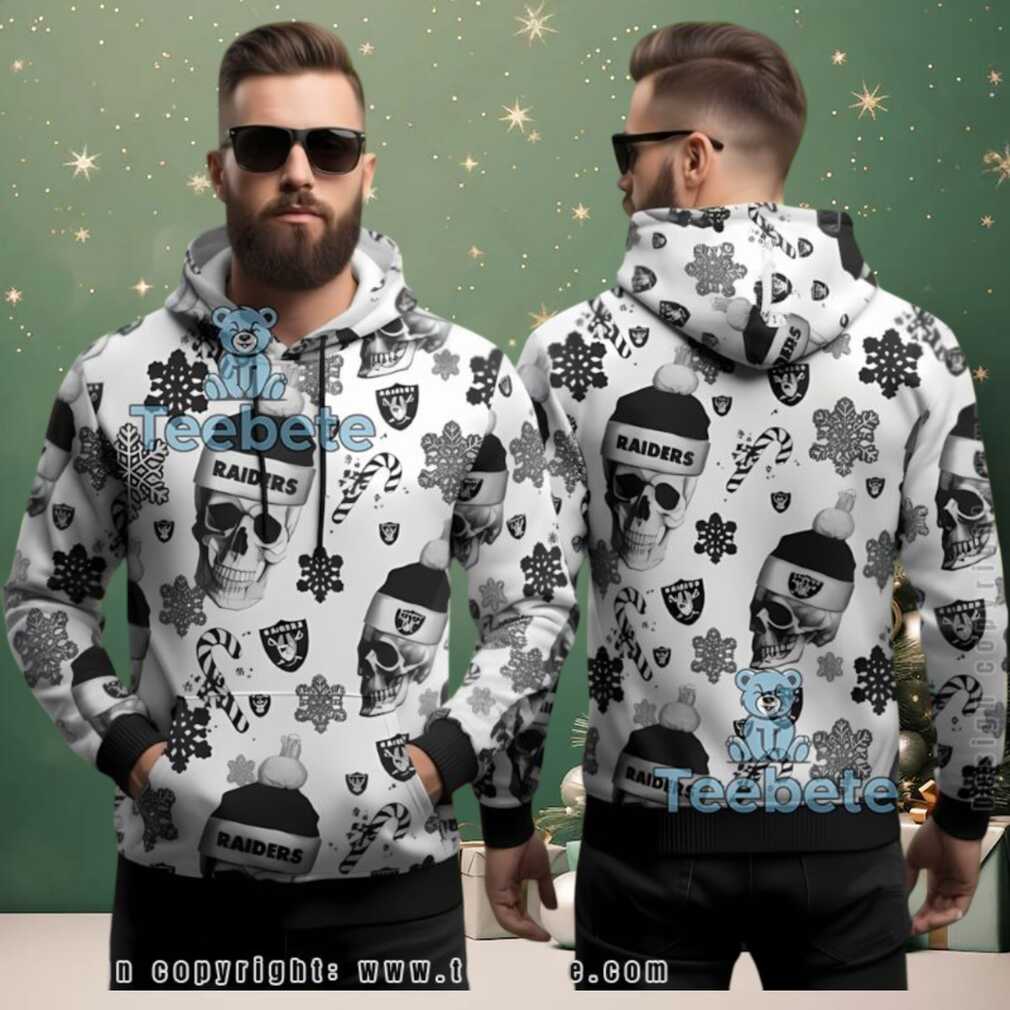 Las Vegas Raiders Skull Santa Hat Ugly Christmas 3D Hoodie White Las Vegas Raiders Skull Santa Hat Ugly Christmas 3D Hoodie White