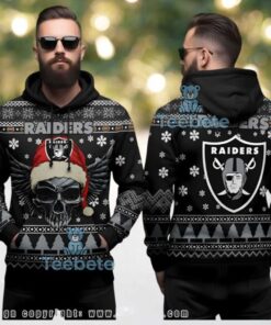 Las Vegas Raiders Skull Wings Santa Hat Ugly Christmas 3D Hoodie