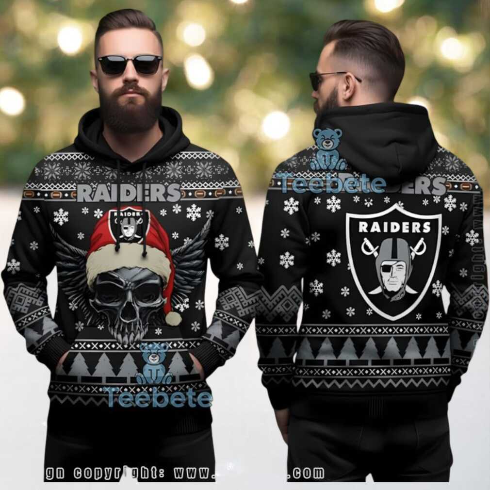 Las Vegas Raiders Skull Wings Santa Hat Ugly Christmas 3D Hoodie Las Vegas Raiders Skull Wings Santa Hat Ugly Christmas 3D Hoodie