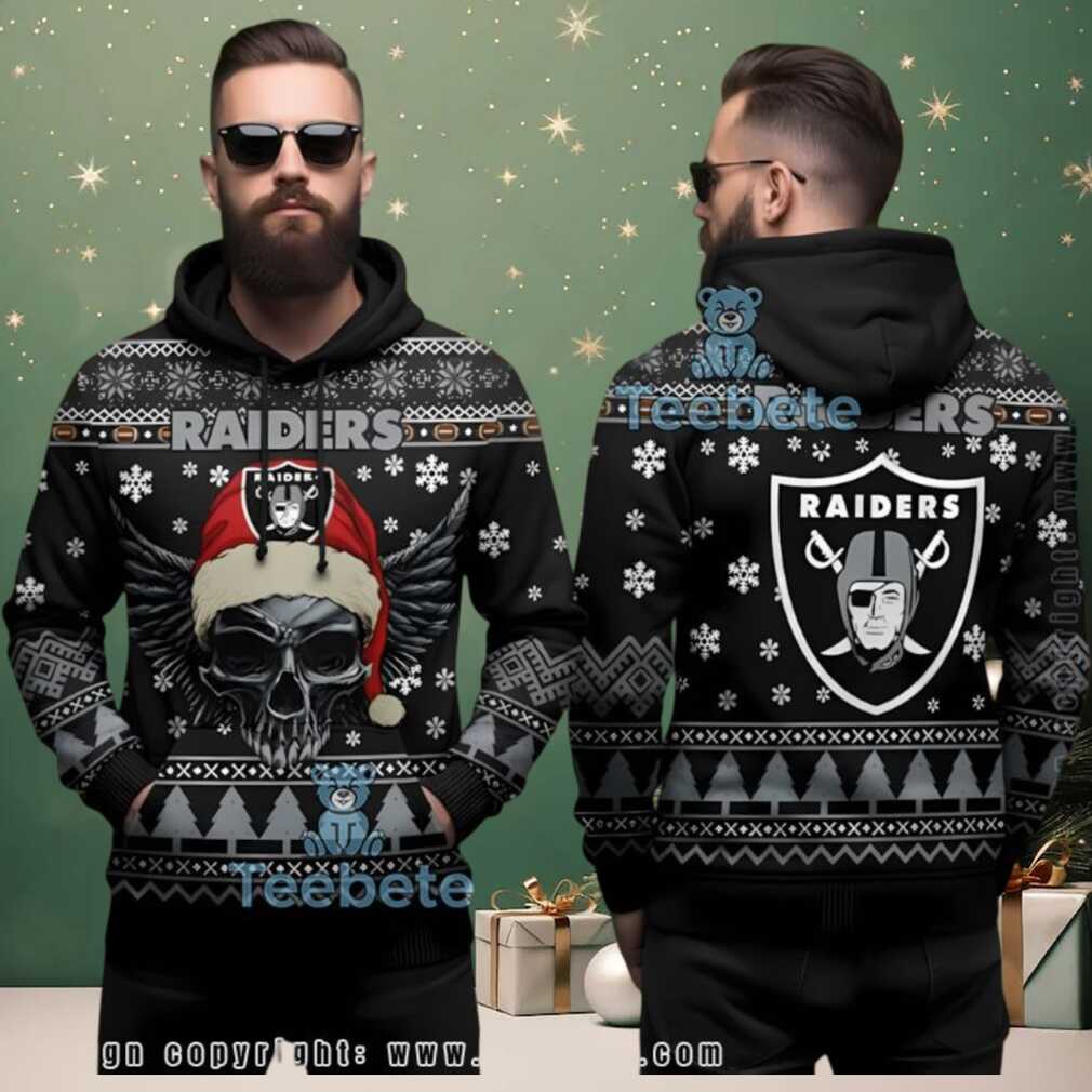 Las Vegas Raiders Skull Wings Santa Hat Ugly Christmas 3D Hoodie Las Vegas Raiders Skull Wings Santa Hat Ugly Christmas 3D Hoodie
