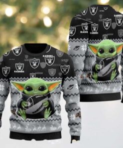 Las Vegas Raiders x Baby Yoda Hug The Ball NFL Personalized Christmas 2025 Holiday Ugly Christmas Sweater