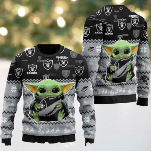 Las Vegas Raiders x Baby Yoda Hug The Ball NFL Personalized Christmas 2025 Holiday Ugly Christmas Sweater
