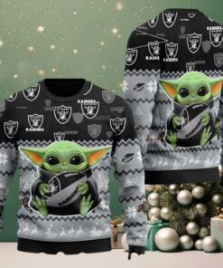 Las Vegas Raiders x Baby Yoda Hug The Ball NFL Personalized Christmas 2025 Holiday Ugly Christmas Sweater