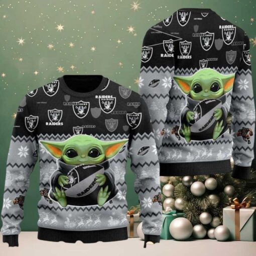 Las Vegas Raiders x Baby Yoda Hug The Ball NFL Personalized Christmas 2025 Holiday Ugly Christmas Sweater