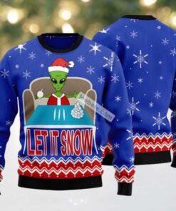 Let It Snow Alien Ufo Ugly Christmas Sweater Blue Family