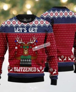 Lets Get Blitzened Slouchy Ugly Christmas Sweater Red Blue Ugliest