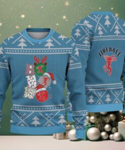 Light Blue Christmas Tree Pattern “Stacked Fireball Bottles” Ugly Holiday Sweater – Fireball Cinnamon Whisky Edition