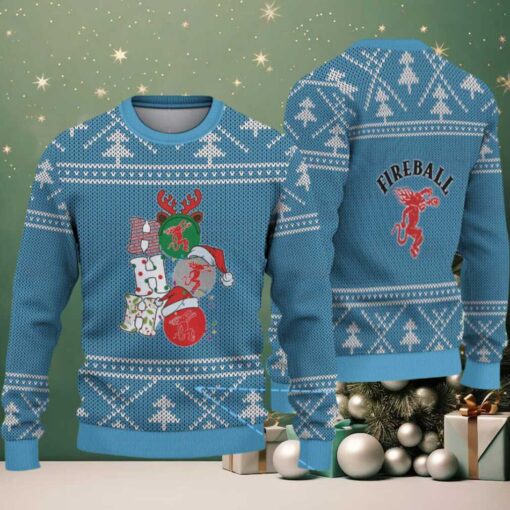 Light Blue Christmas Tree Pattern “Stacked Fireball Bottles” Ugly Holiday Sweater – Fireball Cinnamon Whisky Edition