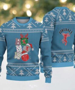 Light Blue Christmas Tree Pattern “Stacked Fireball Bottles” Ugly Holiday Sweater – Fireball Cinnamon Whisky Edition
