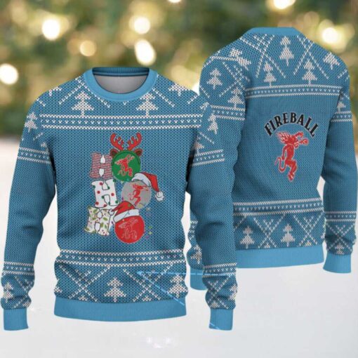 Light Blue Christmas Tree Pattern “Stacked Fireball Bottles” Ugly Holiday Sweater – Fireball Cinnamon Whisky Edition