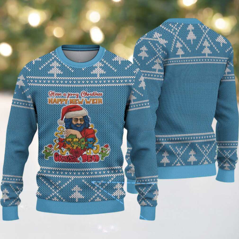 Light Blue Grateful Dead Jerry Christmas Santa with White Tree Knit Pattern Vintage Ugly Christmas Sweater Light Blue Grateful Dead Jerry Christmas Santa with White Tree Knit Pattern Vintage Ugly Christmas Sweater