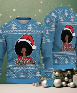 Light Blue Merry Christmas Black Woman Santa with White Tree Knit Pattern – Vintage Ugly Christmas Sweater