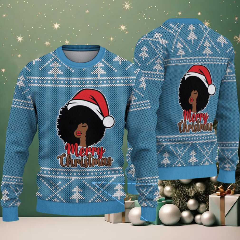 Light Blue Merry Christmas Black Woman Santa with White Tree Knit Pattern – Vintage Ugly Christmas Sweater Light Blue Merry Christmas Black Woman Santa with White Tree Knit Pattern – Vintage Ugly Christmas Sweater