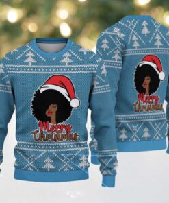 Light Blue Merry Christmas Black Woman Santa with White Tree Knit Pattern – Vintage Ugly Christmas Sweater