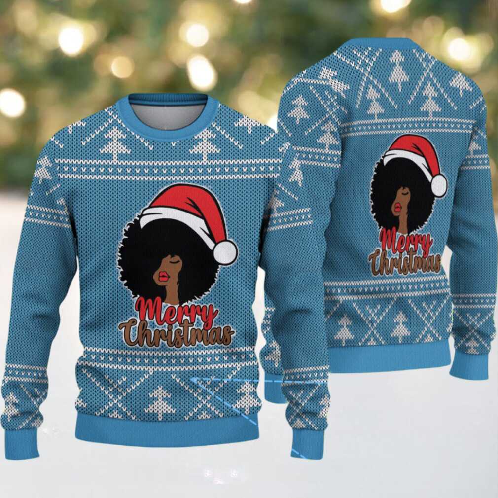 Light Blue Merry Christmas Black Woman Santa with White Tree Knit Pattern – Vintage Ugly Christmas Sweater Light Blue Merry Christmas Black Woman Santa with White Tree Knit Pattern – Vintage Ugly Christmas Sweater