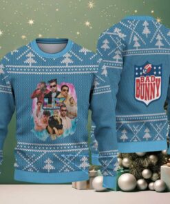 Light Blue Nordic Tree Pattern “Bad Bunny Superache Collage” Ugly Christmas Sweater