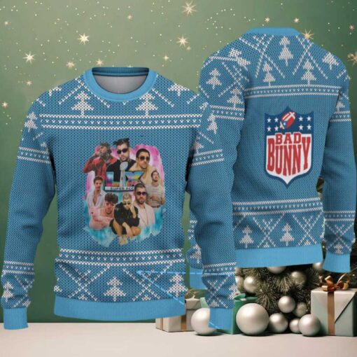 Light Blue Nordic Tree Pattern “Bad Bunny Superache Collage” Ugly Christmas Sweater