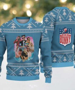 Light Blue Nordic Tree Pattern “Bad Bunny Superache Collage” Ugly Christmas Sweater