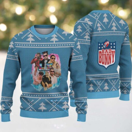 Light Blue Nordic Tree Pattern “Bad Bunny Superache Collage” Ugly Christmas Sweater