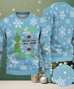 Light Blue White Snowflake Pattern “I Will Drink Tito’s Everywhere” Ugly Christmas Sweater Featuring Tito’s Handmade Vodka