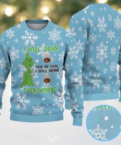 Light Blue White Snowflake Pattern “I Will Drink Tito’s Everywhere” Ugly Christmas Sweater Featuring Tito’s Handmade Vodka