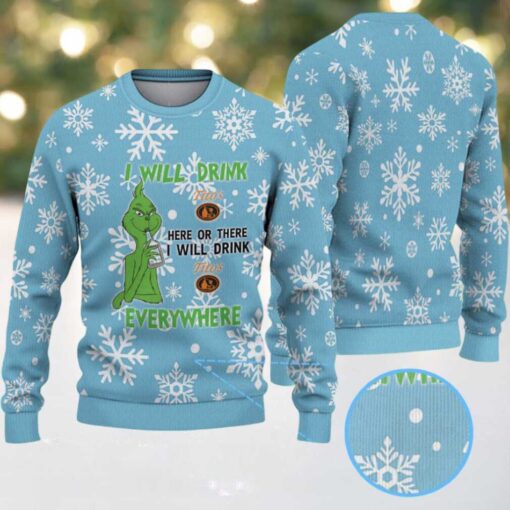 Light Blue White Snowflake Pattern “I Will Drink Tito’s Everywhere” Ugly Christmas Sweater Featuring Tito’s Handmade Vodka