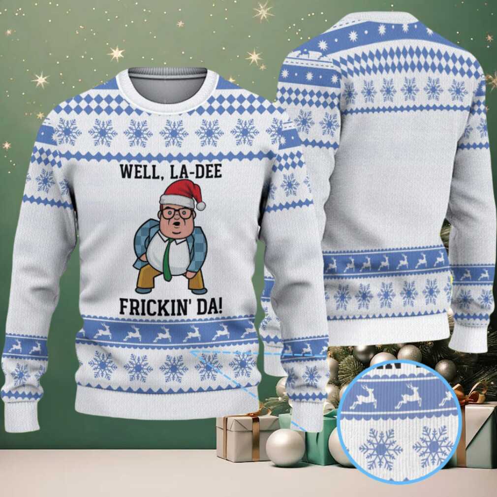 Light Blue & White “Well, La Dee Frickin’ Da!” Snowflake & Reindeer Pattern – Vintage Ugly Christmas Sweater - Front View