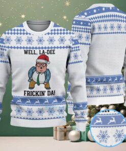 Light Blue & White “Well, La Dee Frickin’ Da!” Snowflake & Reindeer Pattern – Vintage Ugly Christmas Sweater Light Blue & White “Well, La Dee Frickin’ Da!” Snowflake & Reindeer Pattern – Vintage Ugly Christmas Sweater