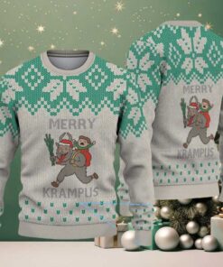 Light Gray and Green Nordic Pattern “Merry Krampus with Naughty Child” Ugly Christmas Sweater