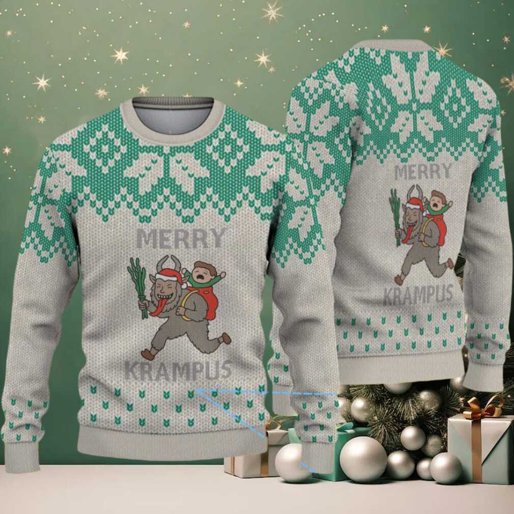 Light Gray and Green Nordic Pattern “Merry Krampus with Naughty Child” Ugly Christmas Sweater Light Gray and Green Nordic Pattern “Merry Krampus with Naughty Child” Ugly Christmas Sweater