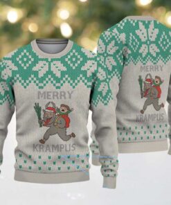 Light Gray and Green Nordic Pattern “Merry Krampus with Naughty Child” Ugly Christmas Sweater