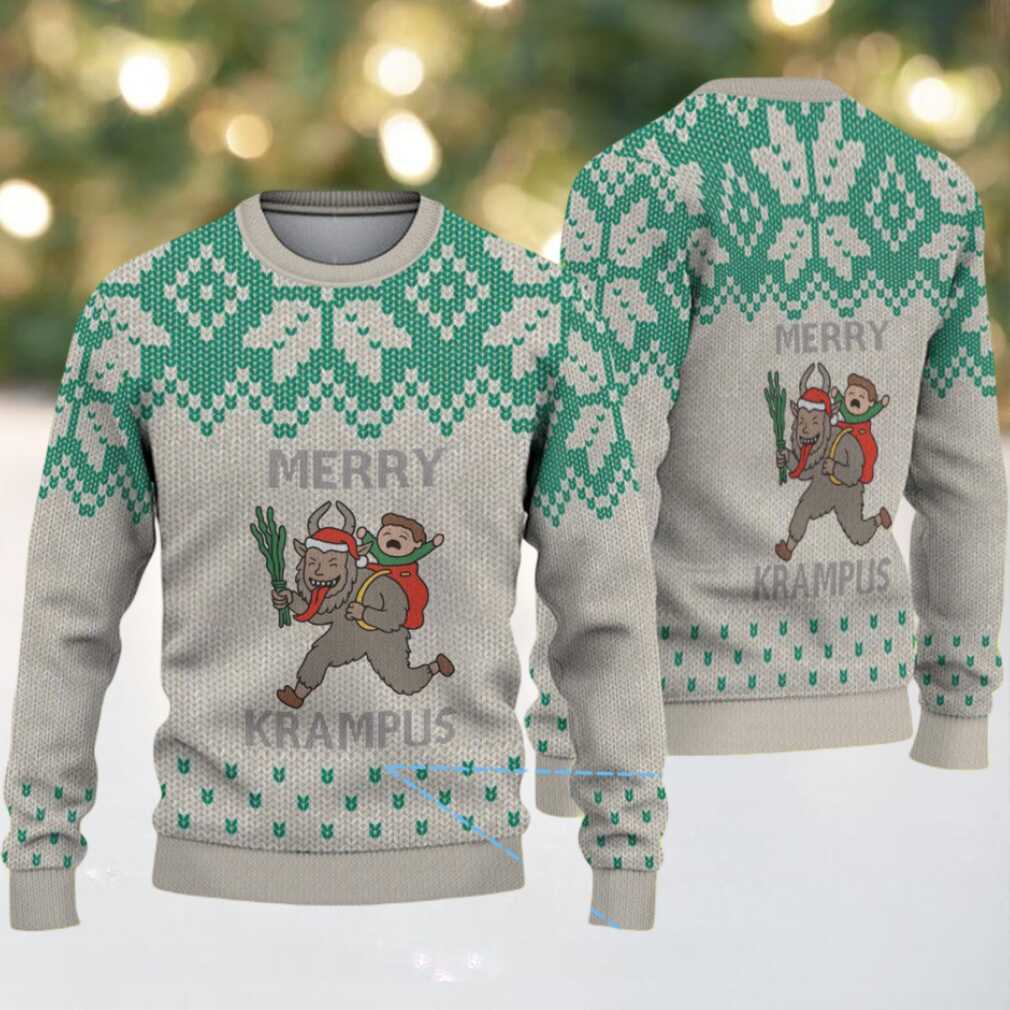 Light Gray and Green Nordic Pattern “Merry Krampus with Naughty Child” Ugly Christmas Sweater Light Gray and Green Nordic Pattern “Merry Krampus with Naughty Child” Ugly Christmas Sweater