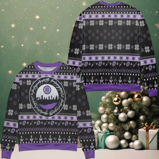 Lord Of The Rings Pattern Snowflake Ugly Christmas Sweater Black Purple