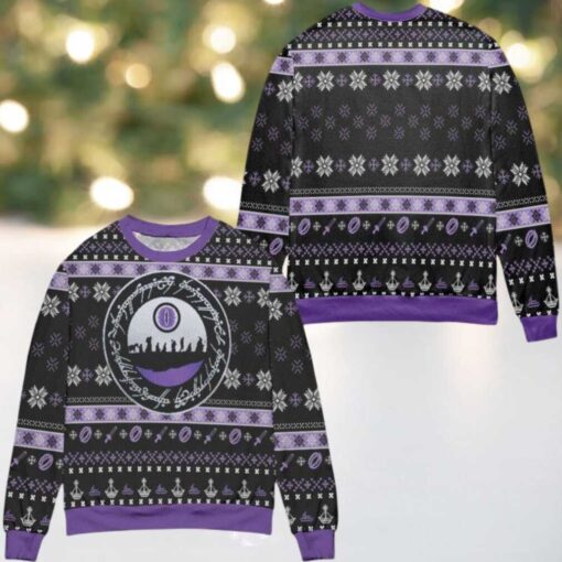 Lord Of The Rings Pattern Snowflake Ugly Christmas Sweater Black Purple