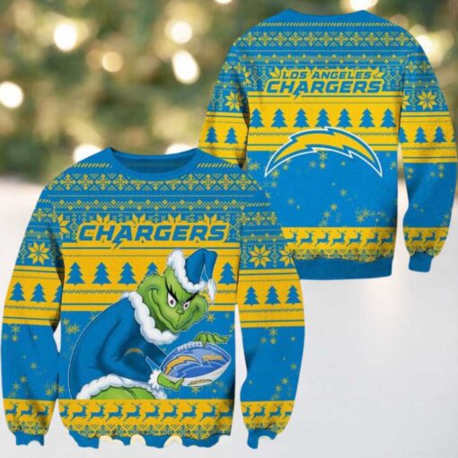 Los Angeles Chargers Football With Grinch NFL Ugly Christmas Sweater Gift For Holiday 2025
