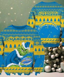 Los Angeles Chargers Football With Grinch NFL Ugly Christmas Sweater Gift For Holiday 2025