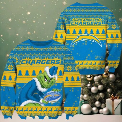 Los Angeles Chargers Football With Grinch NFL Ugly Christmas Sweater Gift For Holiday 2025
