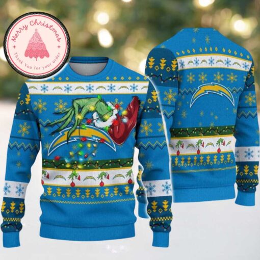 Los Angeles Chargers Special Grinchs Hand Football 2025 Knitted NFL Ugly Christmas Sweater