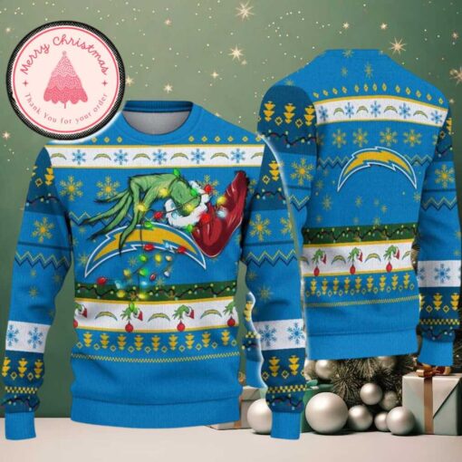Los Angeles Chargers Special Grinchs Hand Football 2025 Knitted NFL Ugly Christmas Sweater