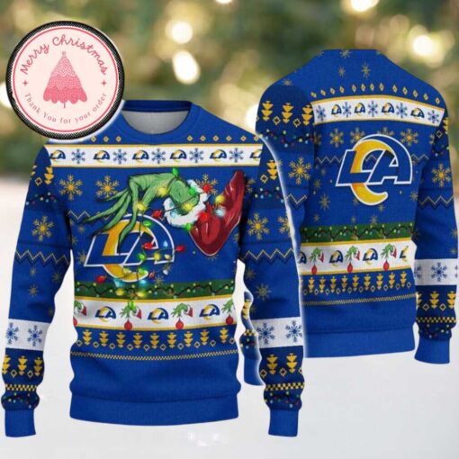 Los Angeles Rams NFL With Special Grinchs Hand Football Christmas 2025 Trendy Ugly Sweater For Holiday Season