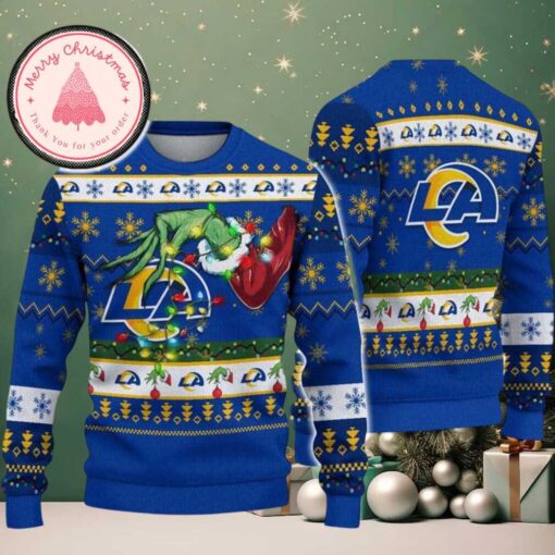Los Angeles Rams NFL With Special Grinchs Hand Football Christmas 2025 Trendy Ugly Sweater For Holiday Season