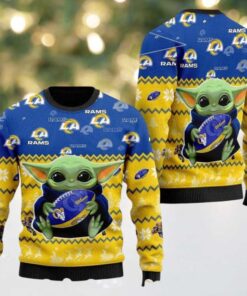 Los Angeles Rams X Baby Yoda Hug The Ball Personalized Christmas 2025 Holiday Ugly Christmas Sweater