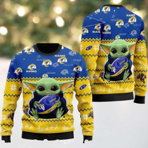 Los Angeles Rams X Baby Yoda Hug The Ball Personalized Christmas 2025 Holiday Ugly Christmas Sweater