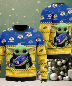 Los Angeles Rams X Baby Yoda Hug The Ball Personalized Christmas 2025 Holiday Ugly Christmas Sweater