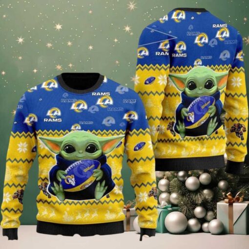 Los Angeles Rams X Baby Yoda Hug The Ball Personalized Christmas 2025 Holiday Ugly Christmas Sweater