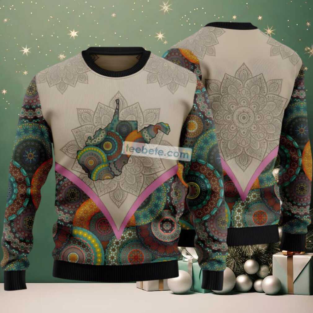 Mandala West Virginia Pattern Ugly Christmas Sweater Grey Friends Mandala West Virginia Pattern Ugly Christmas Sweater Grey Friends