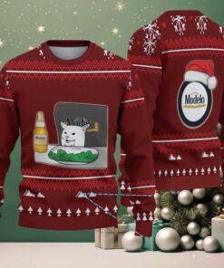 Maroon Christmas Tree Pattern “Modelo Beer Cat Meme & Santa Hat” Ugly Sweater